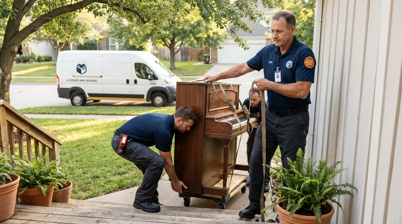 Licensed piano movers securing grand piano in Dyersburg, TN