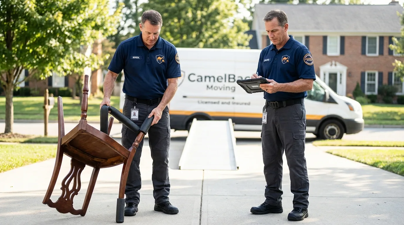 Movers inspecting furniture for damage prevention before loading in Dyersburg, TN