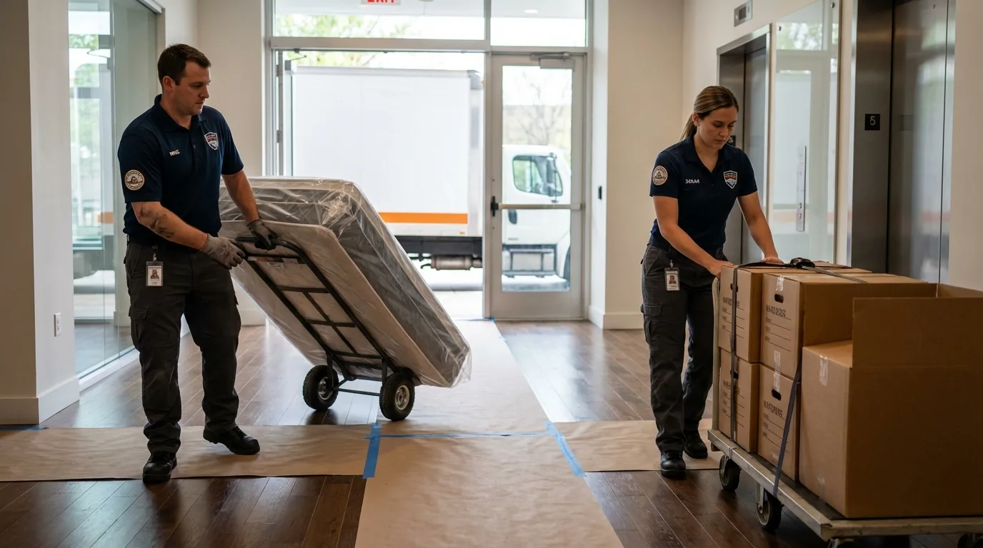 Professional apartment movers loading elevator in Dyersburg, TN
