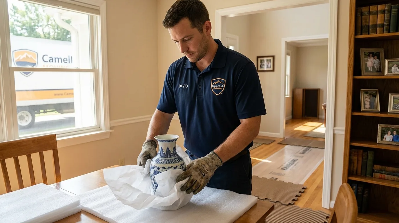 Professional crew carefully wrapping antique vase for senior downsizing move in Dyersburg, TN